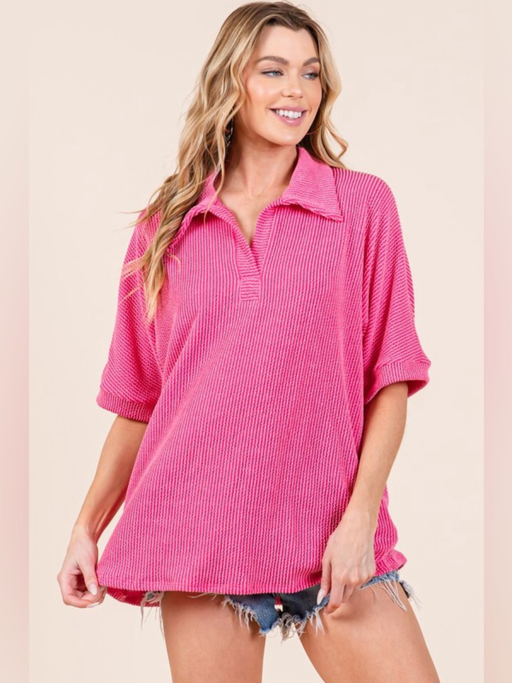 BOMBOM Ribbed Collared Neck Top - Picture 3 of 5